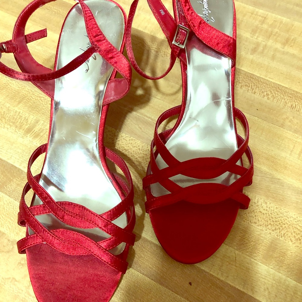 Red satin heels